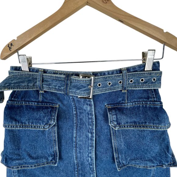 Pixie Market AR Denim Cargo Pocket Mini Skirt Sz S Blue Belted A-Line Y2K - Picture 3 of 12